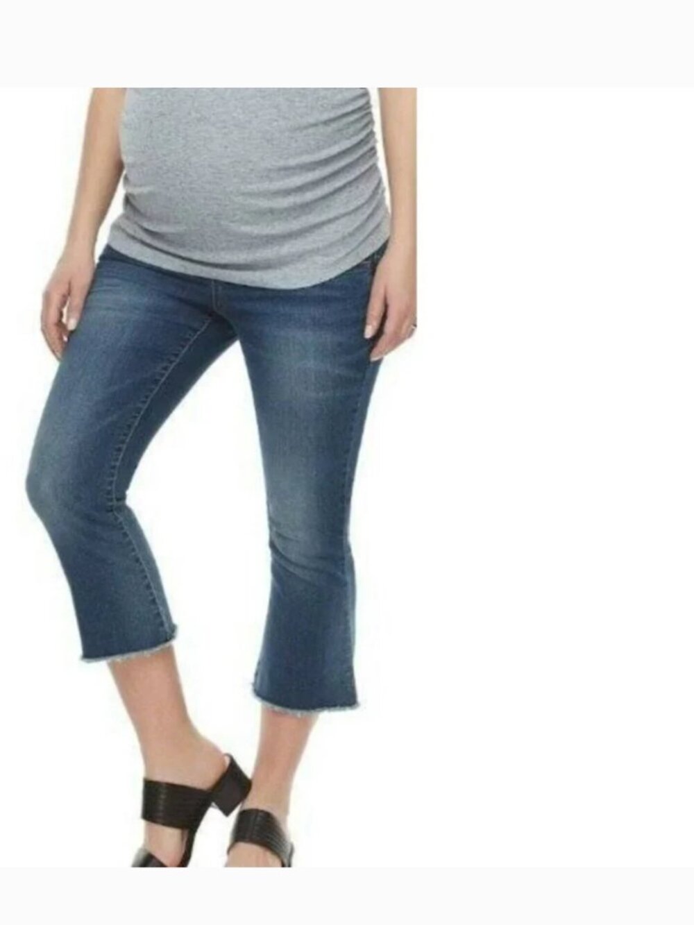 Aglow Maternity Denim Capris 8 Blue Full Belly Crop Pants Jeans Stretch Frayed